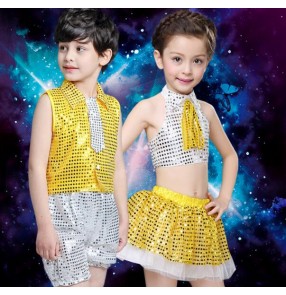 Yellow gold silver patchwork girls boys child children sequined jazz dance modern dance stage performance  t show school play dance costumes outfits